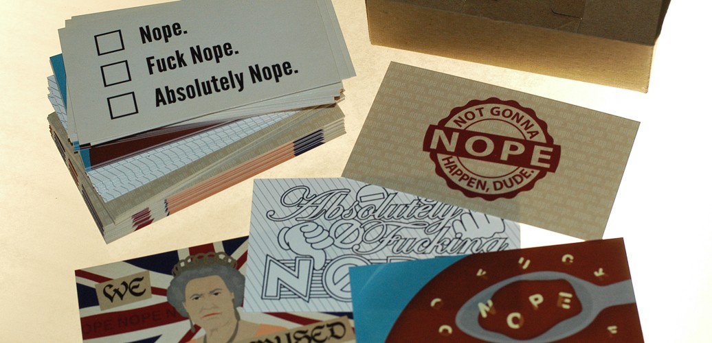 Illustrated cards that say Nope with attitude